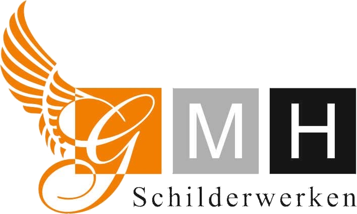 Logo van GMH Schilderwerken: een gevleugelde G in een oranje vlak, naast een grijze M en een zwarte H